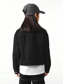 Tween Boy Street Cool Ink Splash & Polka Dots Pattern Detailing Loose Denim Moto Jacket - Black - View 2