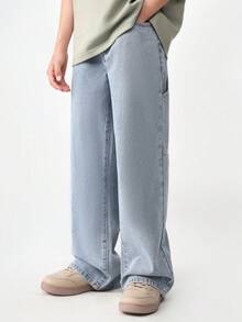 青少年男孩時尚浅蓝色洗水牛仔裤,适合街头穿着 - 淺色水洗藍 - 查看 3