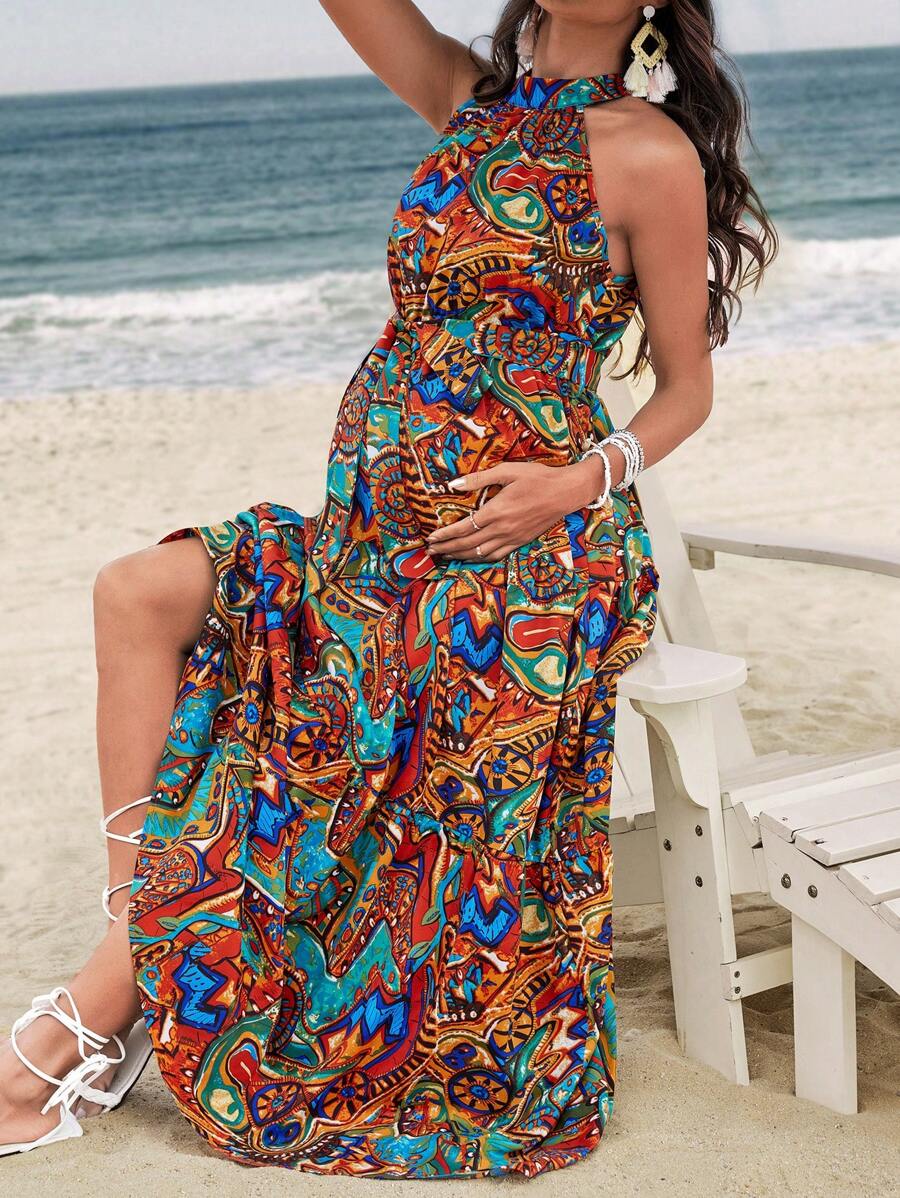 SHEIN 孕妇无袖印花束腰连衣裙 - 彩色 - 查看 1