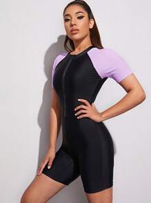 Swim SPRTY Summer Beach Color Block Zip-Up One Piece Swimsuit