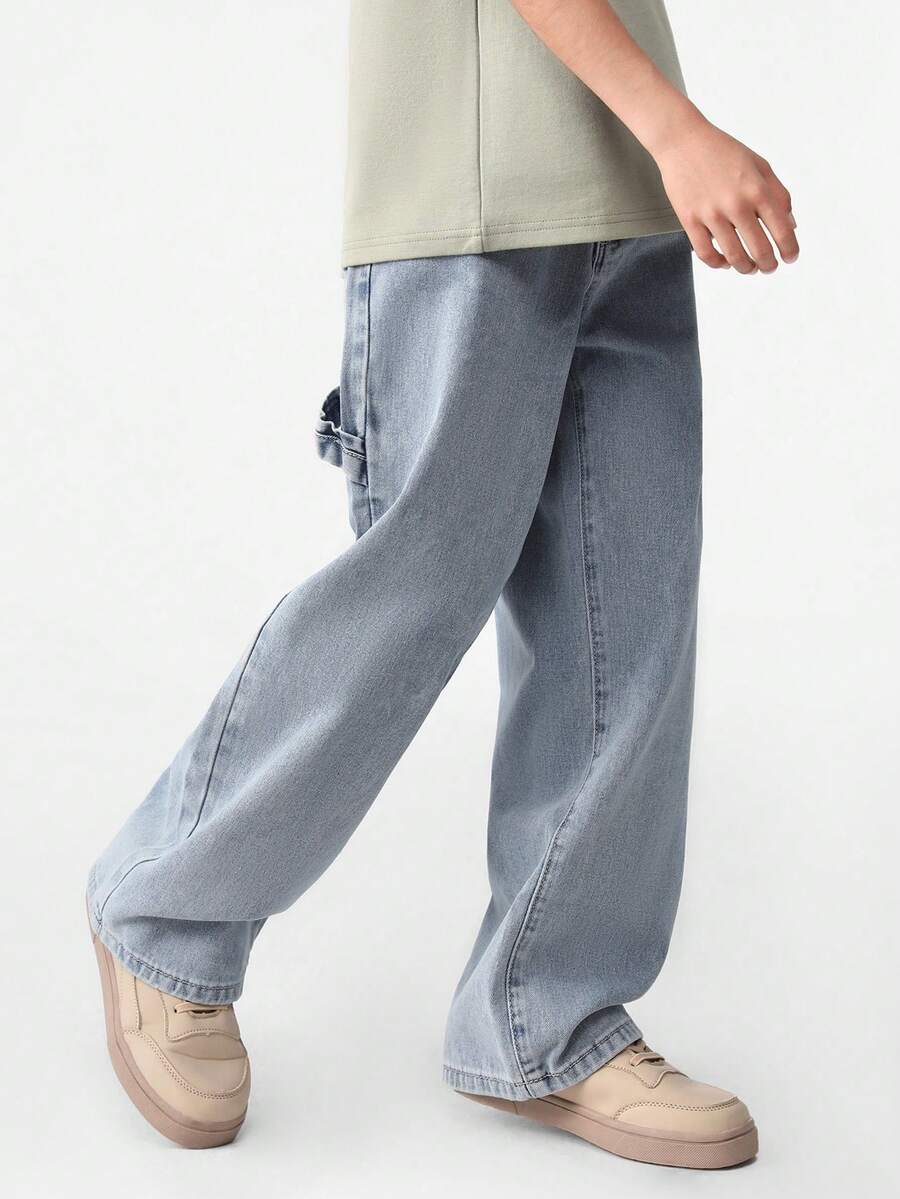 青少年男孩時尚浅蓝色洗水牛仔裤,适合街头穿着 - 淺色水洗藍 - 查看 1