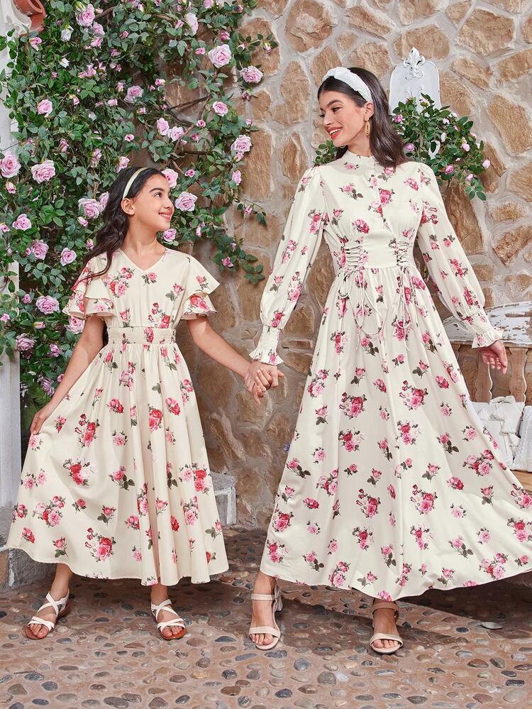 Tween Girl V-Neck Tiered Ruffle Sleeve Waist Gathered Floral Print Dress, Mommy And Me Matching Outfits (2 Pieces Sold Separately)