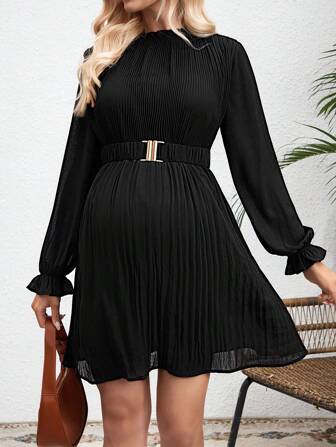 SHEIN Robe de grossesse à manches évasées volantées et ourlet plissé de couleur unie pour femmes enceintes