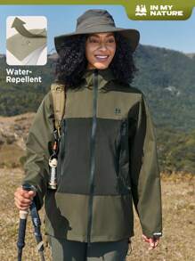 In My Nature Women's Colorblocked Hooded Outdoor Raincoat Jacket - Army Green - View 1