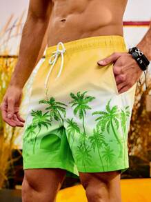 Surfspeed Men's Elastic Waist Coconut Tree Print Beach Shorts With Slanted Pockets - Green - View 7