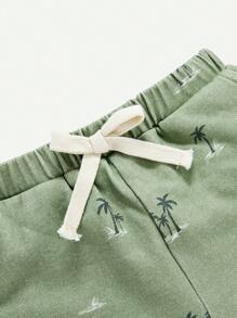 Cozy Pixies Em bé Con trai Hoạt hình Cây dừa Mẫu Màu thuần Giải trí Quần short 2 cái/bộ - Màu Khaki - Xem 5