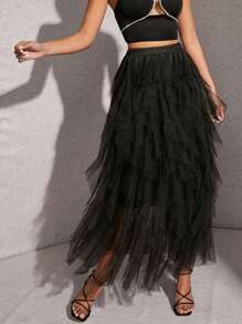 Hauture Ruffle Mesh High Waist Solid Elegant Skirt - Black - View 1