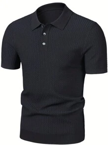 Men's Summer Solid Color Lightweight Knitted Short Sleeve Top - Black - View 1