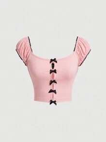 SHEIN MOD 女裝修身t恤,帶蝴蝶結細節 - 粉色 - 查看 1