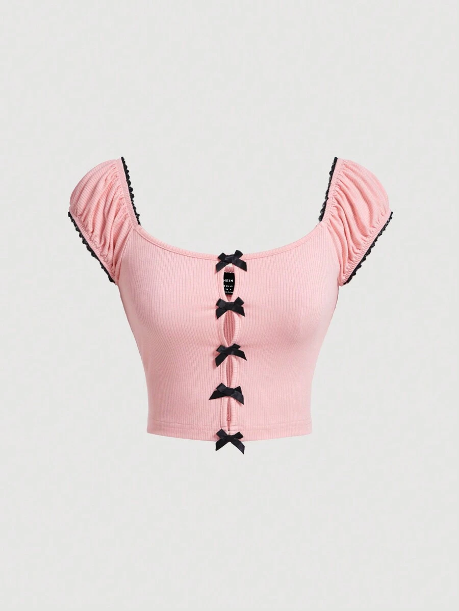 SHEIN MOD 女裝修身t恤,帶蝴蝶結細節 - 粉色 - 查看 1