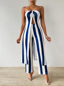 SHEIN Privé 2pcs/Set Colorblock Random Print Strapless Top And Pants ...