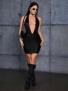 SHEIN ICON Deep V-Neck Backless Halterneck Dress - Black - View 4