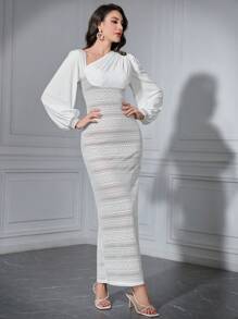 Modelyn Women's Asymmetrical Collar Lace Dress With Lantern Sleeve Long Evening Dresses - White - View 4