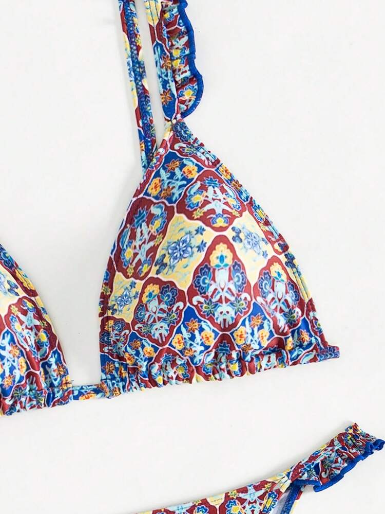 Retro All Over Print V-Neck Bikini Set With Ruffle Trim Summer
