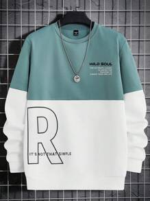 Manfinity VCAY Men's Knitted Round Neck Sweatshirt With Slogan Print And Colorblock Design Crew Neck Long Sleeve Color Block Sweatshirt, For Friends, Husband, Boyfriend Gifts - Green - View 1