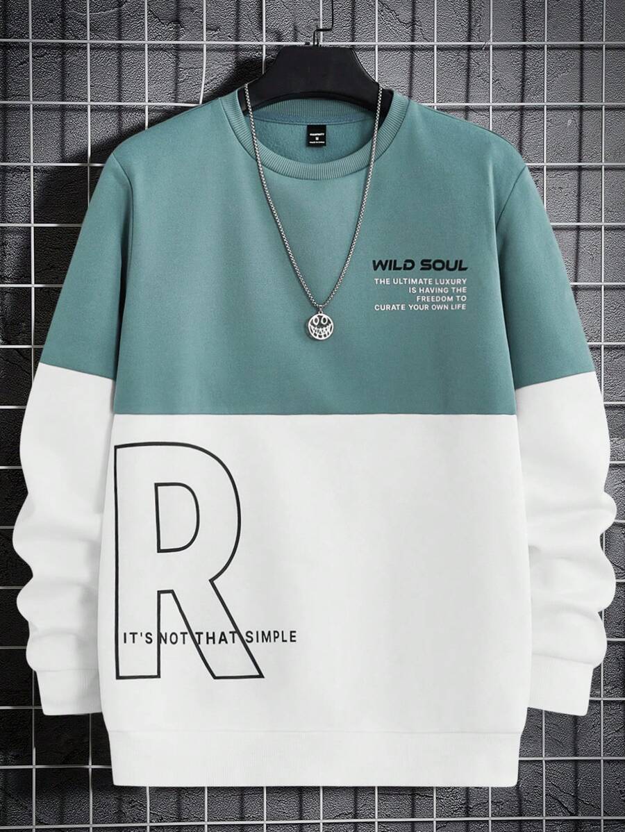 Manfinity VCAY Men's Knitted Round Neck Sweatshirt With Slogan Print And Colorblock Design Crew Neck Long Sleeve Color Block Sweatshirt, For Friends, Husband, Boyfriend Gifts - Green - View 1