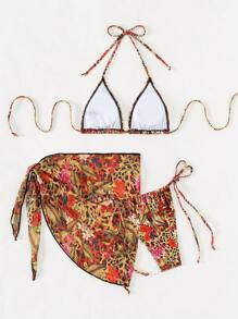 Swim SXY Summer Beach Women's Floral And Leopard Print Halter Neck Bikini Set