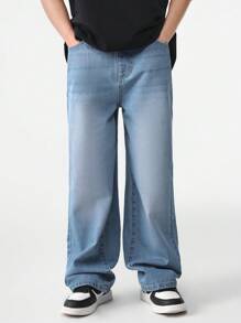 SHEIN Tween Boy Vintage Basic Casual Loose Straight Leg Jeans In College Style Chic Autumn/Winter - Medium Wash - View 4