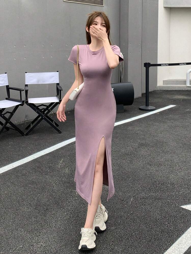 Women's Round Neck Short Sleeve Split Hem Dress Sundress