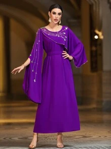 Al Najma Purple Heavyweight Split Sleeves Modest Arabian Dress Elegant Luxury Long Sleeve Kaftan - Red Violet - View 6
