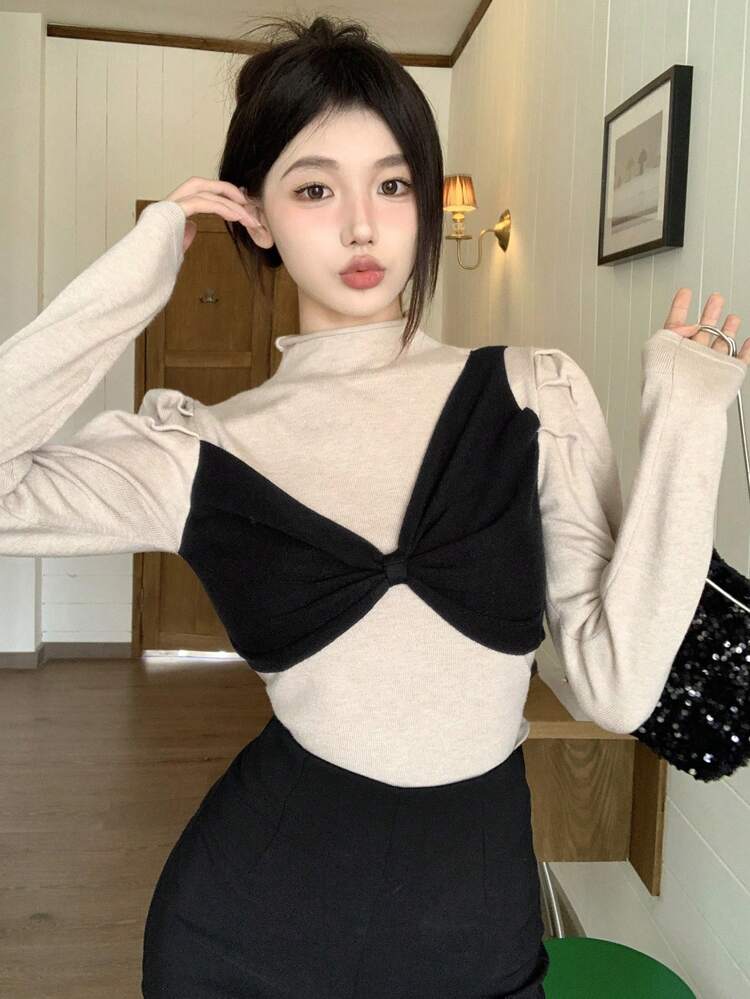 Women's Color Block Panel Leg-Of-Mutton Sleeve Sweater,Fall Clothes