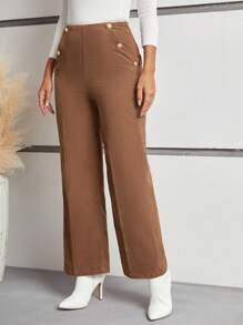 SHEIN Frenchy Quý cô Nút Đồ trang trí Quần ống rộng - màu nâu - Xem 4