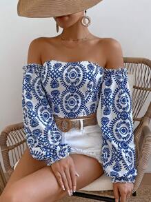 Breezaya Áo sơ mi trễ vai in họa tiết tay dài cho nữ, áo dài tay - Nhiều màu - Xem 6