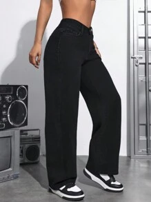 SHEIN PETITE Jeans Holgados De Cintura Media Para Mujer - Negro - Ver 4