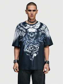 ROMWE MEN Grunge Punk 男士骷髏印花短袖圓領t恤,適合春夏日常穿著 - 白色 - 查看 1