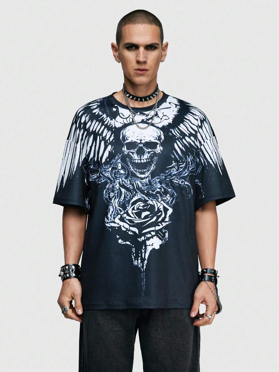 ROMWE MEN Grunge Punk 男士骷髏印花短袖圓領t恤,適合春夏日常穿著 - 白色 - 查看 1