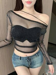 DAZY 1件女裝不對稱領透視長袖上衣 - 黑色 - 查看 2