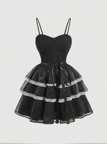 SHEIN MOD White Lace Hem Black Cami A-Line Dress