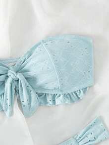 SHEIN Swim Solid Color Textured Two-Piece Bikini Set, Summer Beach - Baby Blue - View 4