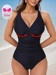 Swim DD+ Summer Beach Solid Color Backless Swimsuit With Pleated Details - Black - View 2