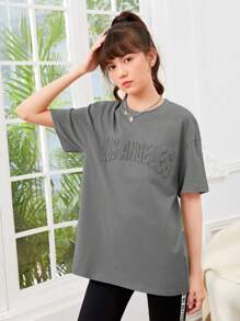 SHEIN 少女圓領寬鬆3d浮雕短袖休閒t恤 - 灰色 - 查看 6