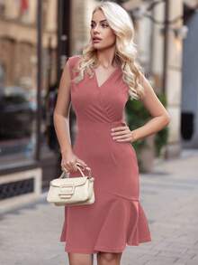 MIUSOL Surplice Neck Ruffle Hem Business Dress - Dusty Pink - View 6