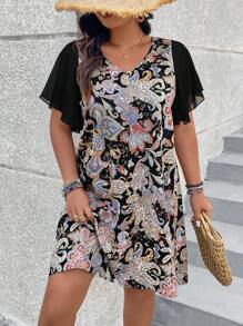 SHEIN LUNE Của phụ nữ Kích thước lớn Tay áo ngắn In hoa Xù Hoa Sen Đầm - màu đen - Xem 3