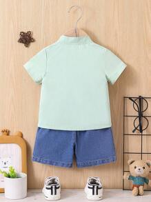 2pcs/Set Baby Boy's Spring Summer Fashionable Embroidered Short Sleeve Top And Denim Shorts Outfit - Army Green - View 2