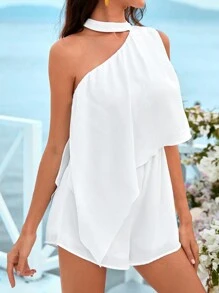 SHEIN VCAY 假期非對稱領口無袖連體褲 - 白色 - 查看 5