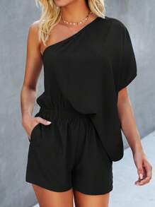 SHEIN LUNE Mono de un hombro de manga murciélago - Negro - Ver 4