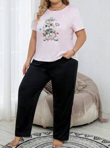 Plus Size Cat Print Top & Black Pants Pajama Set - Baby Pink - View 5