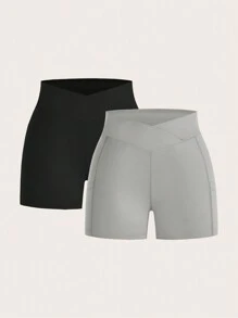 SHEIN EZwear Women's Knitted Cross Elastic High Waistband Short Leggings Booty Shorts - Multicolor - View 4