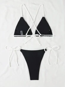 SHEIN Swim 夏季女士露背彩色饰边比基尼套装 - 黑與白 - 查看 5