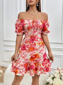 SHEIN Unity Floral Print Off Shoulder Puff Sleeve Layered Ruffle Hem Dress For New Year Clothes