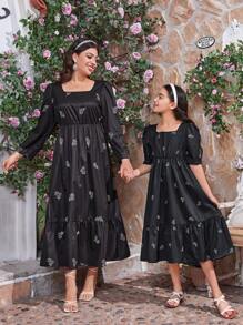 SHEIN 女童荷叶领半袖荷叶边花边连衣裙，母女同款服装（每件单独出售） - 黑色 - 查看 1