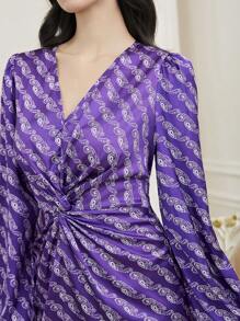 Modelyn Ladies' Paisley Printed Twist Knot Arab Dress Long Evening Dresses - Purple - View 6