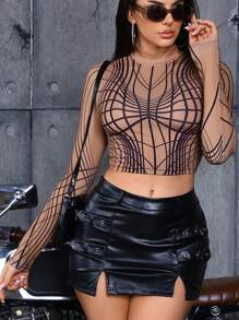 SHEIN ICON Y2k線條印花修身款短袖t恤 - 彩色 - 查看 4