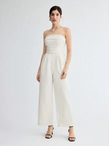 BizChic Women's Solid Color Pleated Strapless Jumpsuit - White - View 3