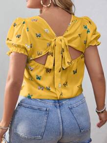 SHEIN VCAY Plus Size Women's Boho Butterfly Printed Puff Sleeve Blouse, For Summer - Yellow - View 1