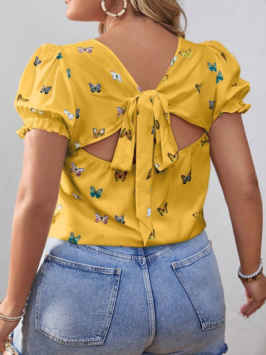 SHEIN VCAY Plus Size Women's Boho Butterfly Printed Puff Sleeve Blouse, For Summer - Yellow - View 1